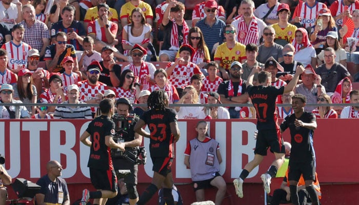Barcelonas starlet Lamine Yamal (right) celebrates scoring his teams second goal against Girona. — AFP/file
