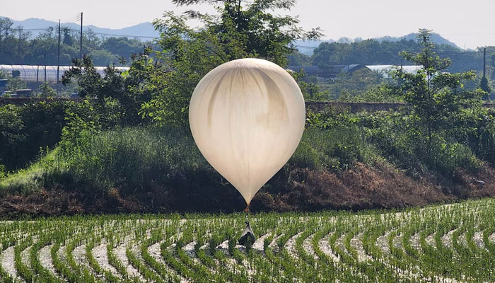 A balloon believed to have been sent by North Korea, carrying various objects including what appeared to be trash and excrement, is seen over a rice field at Cheorwon, South Korea, May 29, 2024. — Reuters