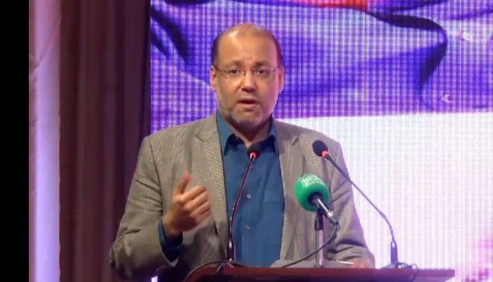 The image released on May 17, 2024 shows Punjab Minister for Industries, Commerce and Investment Shafay Hussain speaking at an event. — Facebook/chshafayhussain.official