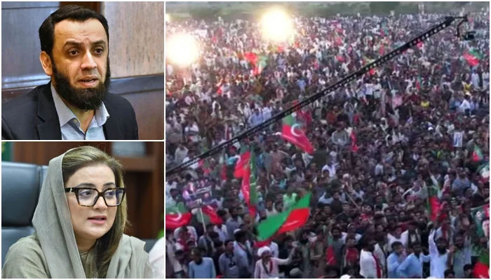 (Clockwise from top left) Information Minister Ataullah Tarar, PTI workers attending the power show in Lahore, Kahna, on September 21, 2024, and Punjab Information Minister Azma Bokhari. — Screengrab/Geo News/APP/Facebook/@AzmaBokhariPMLN