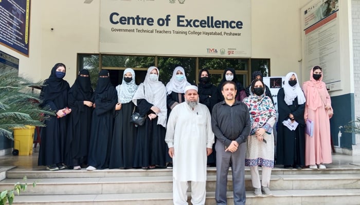 Krafters CEO Syed Zahid Ali Shah with the participants outside the Centre of Excellence Government Technical Teacher Training College (GTTTC) Hayatabad seen in this image released on September 19, 2024. — Facebook/Center of Excellence GTTTC Peshawar