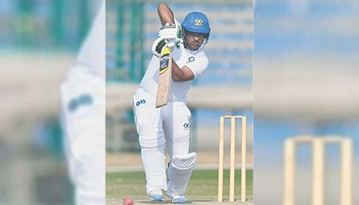 Ghani Glass opener Sharjeel Khan drives during the President’s Trophy match against PTV at the National Bank Stadium on Sunday.— PCB/file