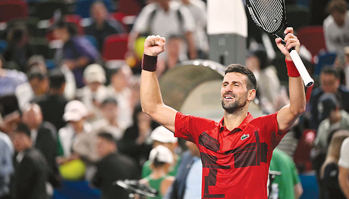 SHANGHAI: Serbia’s Novak Djokovic celebrates after his victory against USA’s Taylor Fritz in their men’s singles semi-final match during the Shanghai Masters tennis tournament here on Oct 12, 2024. — AFP