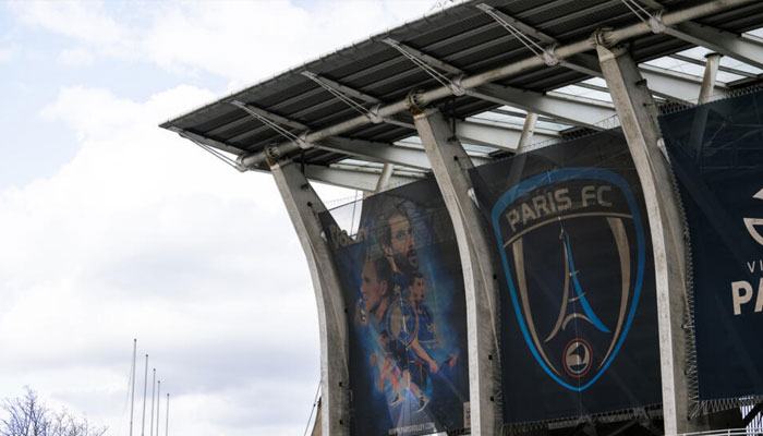 The Paris FC logo, featuring the Eiffel Tower, on display outside their Stade Charlety home in the French capital. — AFP/file