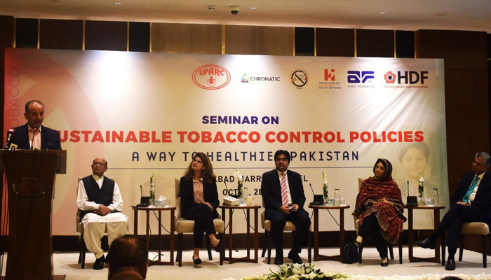 Minister for Petroleum Musadik Masood Malik  addresses at a seminar titled ‘Sustainable Tobacco Control Policies: A Way to Healthier Pakistan’ organized by the SPARC on October 19, 2024. — Facebook@SPARC