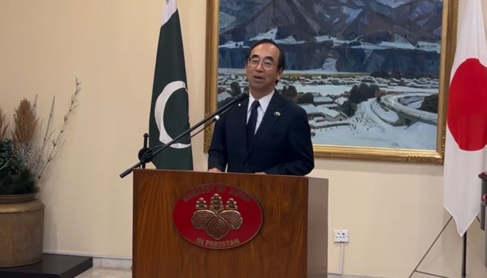 Japanese Ambassador Wada Mitsuhiro addresses a farewell reception for Pakistani dignitaries and friends at his official residence on October 31, 2024. — Facebook@JapanEmbassyPakistan/