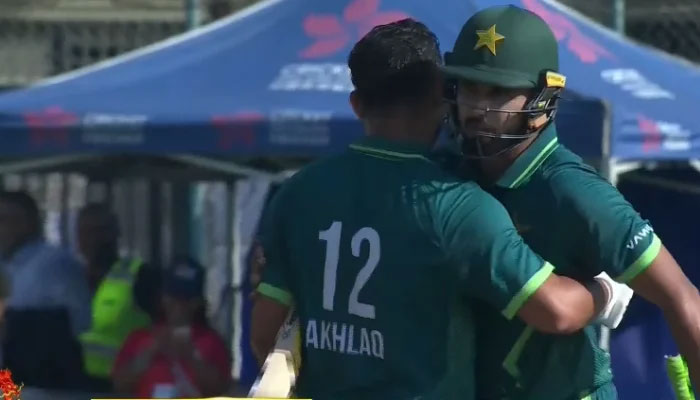 Faheem Ashraf hugs Akhlaq after a win against India in the Hong Kong Sixes. — Facebook@PTVSports/file