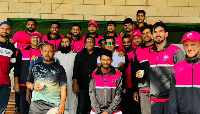Hyderbabad team players pose for a group photo after win against Lahore in the Quaid-e-Azam Trophy on November 3, 2024.— Facebook@faisal.athar.9