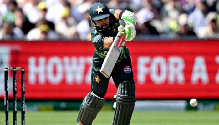 Pakistan´s batsman Mohammad Rizwan plays a shot during the first one-day International (ODI) cricket match between Australia and Pakistan at the Melbourne Cricket Ground (MCG) in Melbourne on November 4, 2024.— AFP