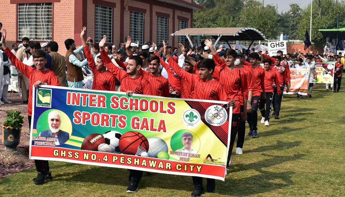 Students perform their skills during opening ceremony of Inter Schools Sports Gala at Tehmas Khan Football Stadium in Peshawar on November 5, 2024. — PPI