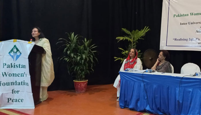 Pakistan Womans Foundation for Peace Chairperson (PWFFP) Nargis Rahman addresses an event on the occasion of Iqbal Day on November 9, 2024. — Facebook@pwffp/