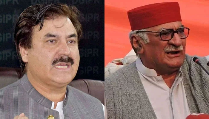 This combo of images shows PTI leader and former provincial minister Shaukat Yousafzai (left) and ANP senior leader Asfandyar Wali Khan (right). — APP/Geo.tv/File