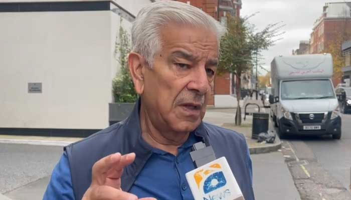 Defence Minister Khawaja Asif speaking during an interview with Geo News in London. — Reporter