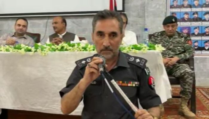 District Police Officer (DPO) Hangu, Muhammad Khalid can be seen addressing guests at an event in this this still taken from a video.  — Screengrab/Facebook/Muhammad Khalid Khalid