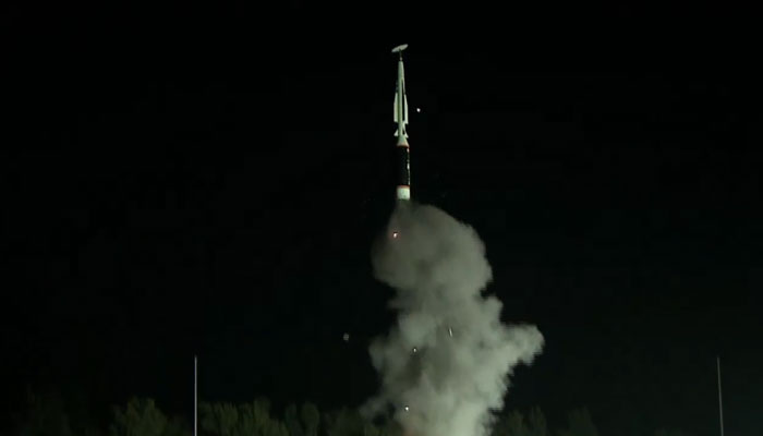 A long range hypersonic missile can be seen being launched from Dr APJ Abdul Kalam Island, off-the-coast of Odisha, India on November 16, 2024 in this still taken from a video. — Screengrab/X/@DefenceMinIndia