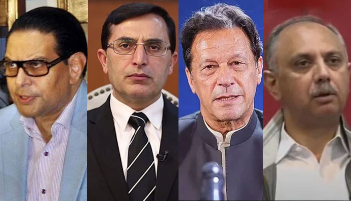 (From left to right) PTI Secretary General Salman Akram Raja, Chairman Gohar Khan, founder Imran Khan and Omar Ayub. — Youtube/@WahjocLaw/PPI/Instagram@PTIofficial/YouTube@GeoNews/file