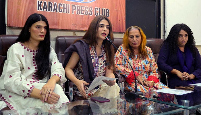 Transgender communitys rights leader, Shehzadi Rai, addresses media persons during a press conference regarding Sindh Moorat March 2024, at Karachi on November 18, 2024. — PPI