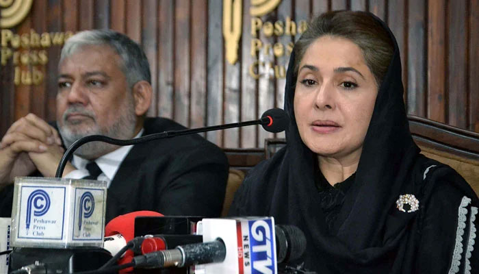 Pakistan Tehreek-e-Insaf (PTI) leader, MNA Shandana Gulzar Khan along with others addresses media persons during a press conference at Peshawar press club on October 8, 2024. — PPI
