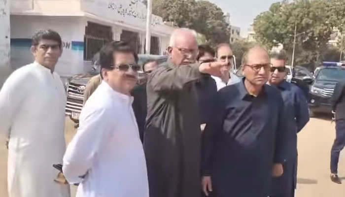 Sindh Local Government Minister Saeed Ghani (right) during a visit to the Nishtar Park to review the arrangements for the public meeting on November 25, 2024. — Screengrab via Facebook@SaeedGhaniPPP