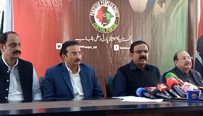 PPP Central Punjab General Secretary Syed Hassan Murtaza (2nd right) addresses a press conference on November 29, 2024. — Screengrab via Facebook@Hassan Murtaza