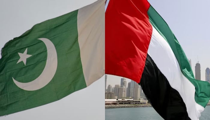 This collage shows the flags of Pakistan (left) and the United Arab Emirates (right). — Unsplash/Reuters/File