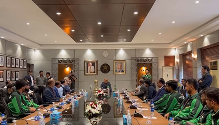 Pakistan Cricket Board (PCB) Chairman Mohsin Naqvi (centre) with the Pakistan T20 Blind Cricket team.on December 4, 2024. — Facebook@The_Real_PCB