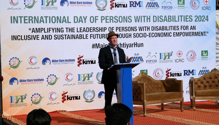 International Committee of the Red Cross (ICRC) Pakistan Head, Nicolas Lambert addresses during a ceremony in connection of the International Day of the People with Disabilities at Islamia College in Peshawar on December 4, 2024. — PPI