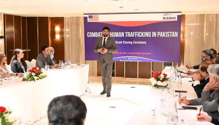 Executive Director of SSDO Syed Kausar Abbas (centre) delivers a lecture at the grant closing and lesson learning ceremony organised by the SSDO in collaboration with the US Embassy in Pakistan on December 6, 2024. — Facebook@SSDOPakistan