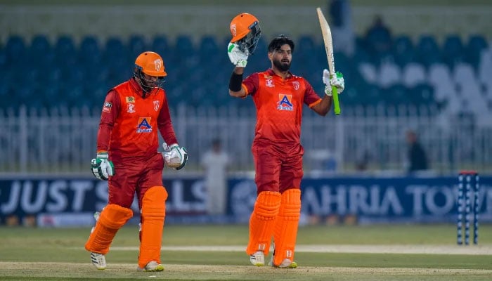 Stallions all-rounder Hussain Talat (right) celebrates his century in the Champions T20 Cup match against Panthers on December 7, 2024, at Rawalpindi Cricket Stadium. — PCB