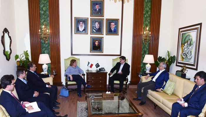 Sindh Chief Minister Syed  Murad Ali Shah (centre-right) meetsItalian delegation, led by Senior Advisor to Minister of Defence Francesco Maria Talò,(centre-left) Ambassador E Marilina Armellin on December 8th, 2024. — Facebook@SindhCMHouse
