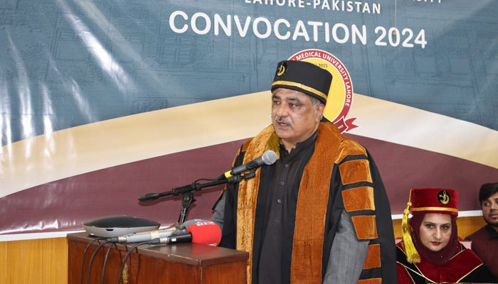 Health Minister Khawaja Salman Rafique speaks the sixth convocation of Fatima Jinnah Medical University Lahore on December 9, 2024. — Facebook@fjmuofficial