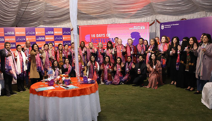 Swedish Ambassador Alexandra Berg von Linde (10 right in 2nd row) in a group photo during an event hosted by the Embassy of Sweden, in collaboration with UN Women Pakistan at the Swedish Ambassador’s residence on December 9, 2024. — Facebook@unwomenpakistan