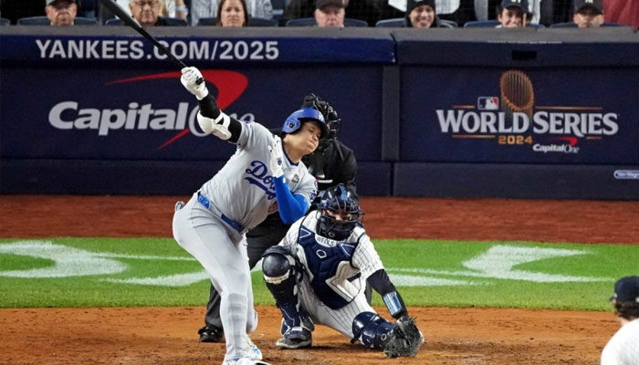 Dodgers two-way player Shohei Ohtani strikes out during the fifth inning against the Yankees in Game 4 of the 2024 MLB World Series in New York on Oct. 30.— Reuters