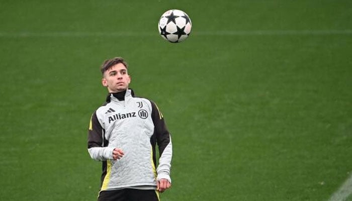 Juventus Portuguese forward Francisco Conceicao during a training session on Tuesday December 10, 2024. — AFP