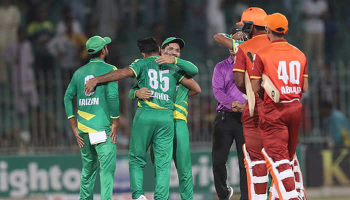 The Markors hugging and celebrating second win of the Champions One-Day Cup at Iqbal Stadium, Faisalabad against the Stallions on September 15, 2024. — PCB