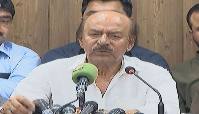 Sindh Pakistan Peoples Party (PPP) President Nisar Ahmed Khuhro addresses a press conference at the Bilawal House Media Cell on November 13, 2024. — Screengrab via Facebook@Bilawalhouse