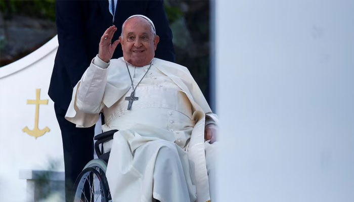 Pope Francis gestures, on the day he presides over the Holy Mass at Place dAusterlitz, during his apostolic journey in Ajaccio, on the French Mediterranean island of Corsica, France, December 15, 2024.— Reuters