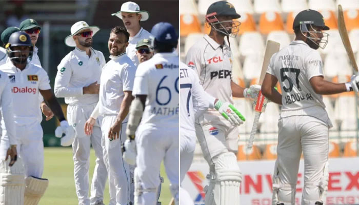 South Africas Test team celebrating wicket against Sri Lankas Test team (left) and Pakistans Abdullah Shafique raises his bat against England as skipper Shan Masood stands behind him. — AFP/PCB/File