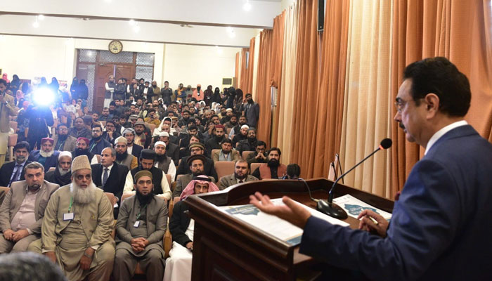 Punjab University Vice Chancellor Prof Dr M Ali (right) addresses the opening session of the two-day conference on the International Day of Arabic Language organised by the Department of Arabic at Al Raazi Hall on December 18, 2024. — Facebook@UniversityOfThePunjab.Official