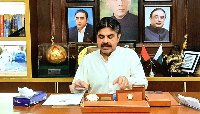 Sindh Energy Minister Syed Nasir Hussain Shah gestures as he speaks in a meeting on December 17, 2024. — Facebook@SNasirHussainshah