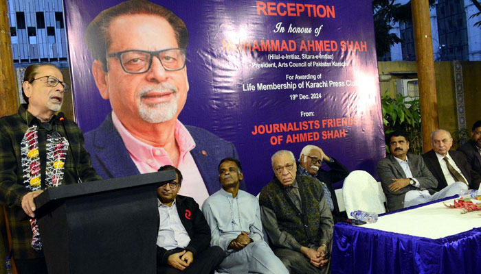 Arts Council of Pakistan Karachi President, Muhammad Ahmed Shah addresses during a reception in his honour for awarding of Life Membership of Karachi Press Club in Karachi on December 19, 2024. — PPI