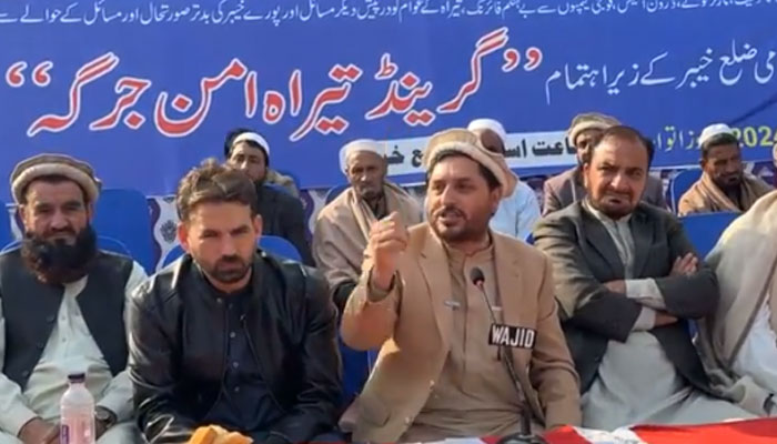 Speakers addressing a jirga organized by the Jamaat-e-Islami Khyber district chapter on December 29, 2024.— Facebook@HaroonShahidOfficialPage