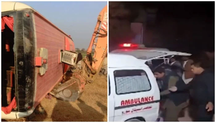 This collage shows passenger bus overturned on M-14 Motorway near Punjabs Fateh Jang (left) while other picture shows rescue workers shifting wounded passengers to hospital in Sindhs Naushahro Feroze. — Reporter/Screengrab via YouTube/Geo News