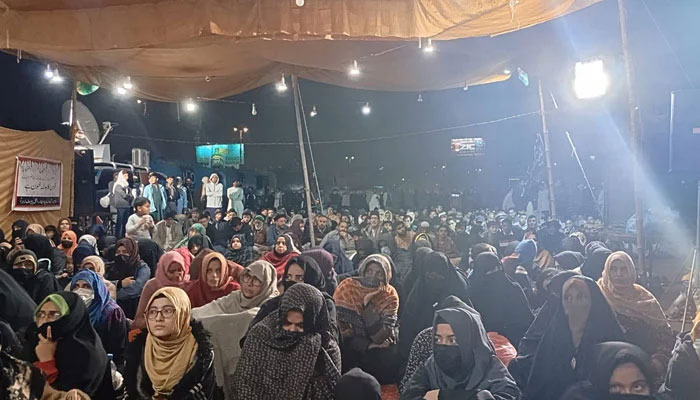 MWM protesters stage a sit-in at Karachi Numaish area on December 26, 2024. — X@mwmpakofficial