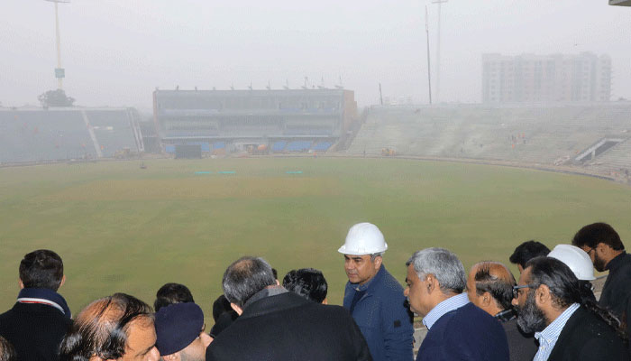 Chairman PCB Mohsin Naqvi during his visit at Gaddafi Stadium Lahore on January 06, 2025. —PCB