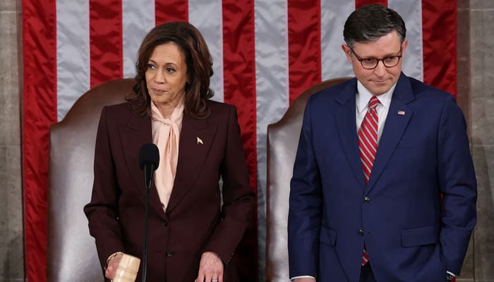 US Vice President Kamala Harris and Speaker of the House Mike Johnson  attend a joint session of Congress to certify Donald Trumps election, at the US Capitol in Washington, US January 6, 2025. —Reuters