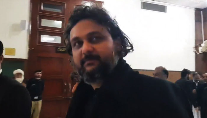 PTI Senator Faisal Javed speaks to reporters in Peshawar, on February 19, 2024, in this still taken from a video. — Screengrab via YouTube/Geo News
