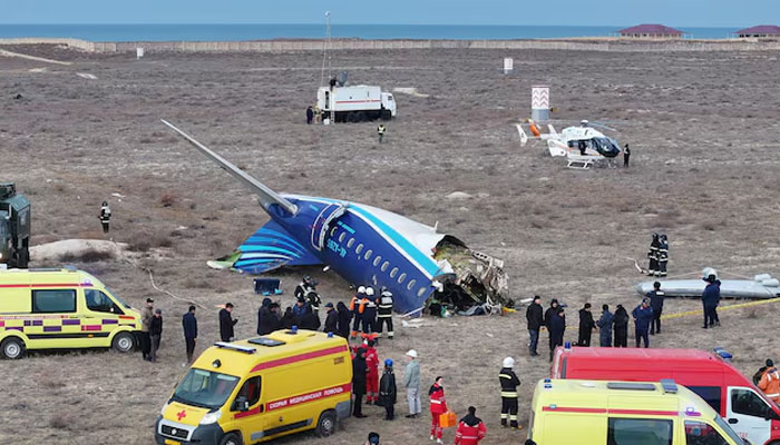 A drone view shows emergency specialists working at the crash site of an Azerbaijan Airlines passenger plane near the city of Aktau, Kazakhstan December 25, 2024. — Reuters