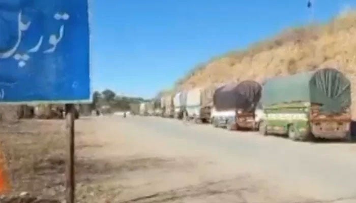 A convoy of trucks loaded with essential goods dispatched to Kurram district can be seen. — Screengrab via YouTube/Geo News/File