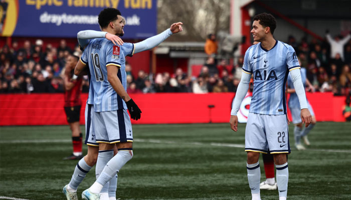 Tottenham celebrate their first goal against Tamworth in the FA Cup. —AFP/File